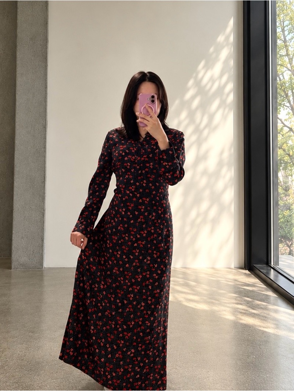 Black Floral Long Sleeve Maxi Dress - Elegant Red Flower Print
